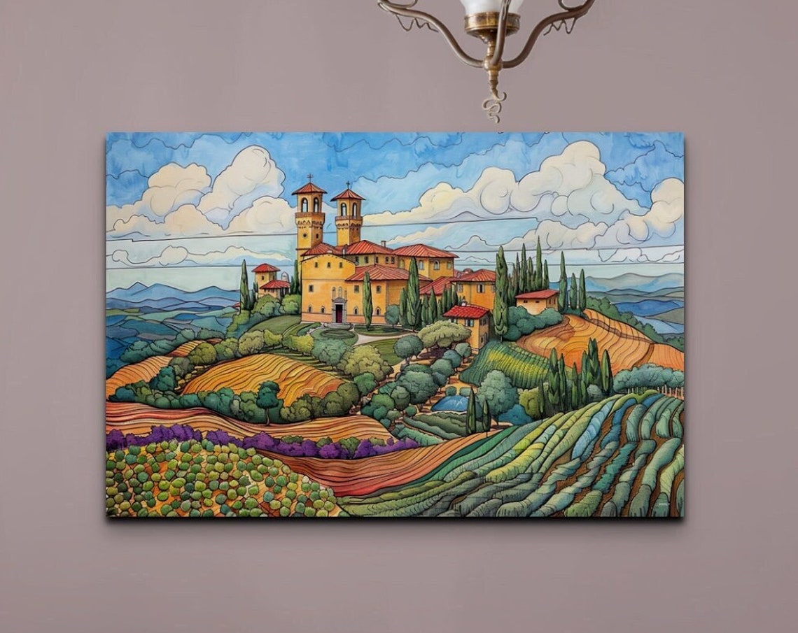 Tuscany In The Style Of Ernst Haeckel Wall Art Print France Rural Vineyard French Hillside Decor Vibrant Painting Olive Grove