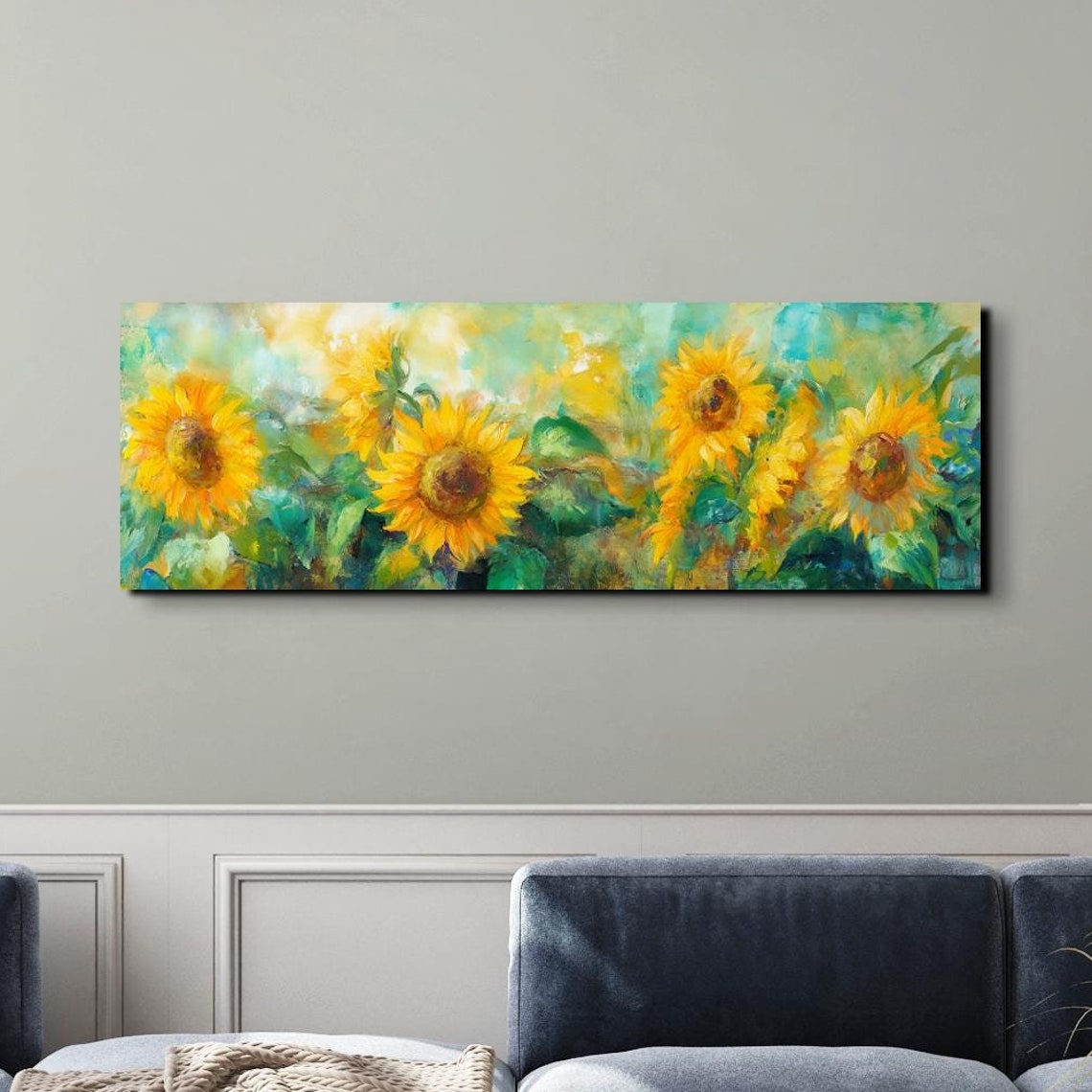 Golden Bright Sunflower Field Watercolor Blooms Panoramic Wall Art