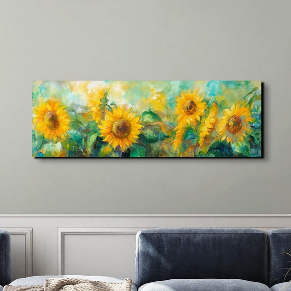 Watercolor Style Bold Sunflower Ready To Hang Panoramic Wall Art Print Large Wall Art Panoramic Wall Art
