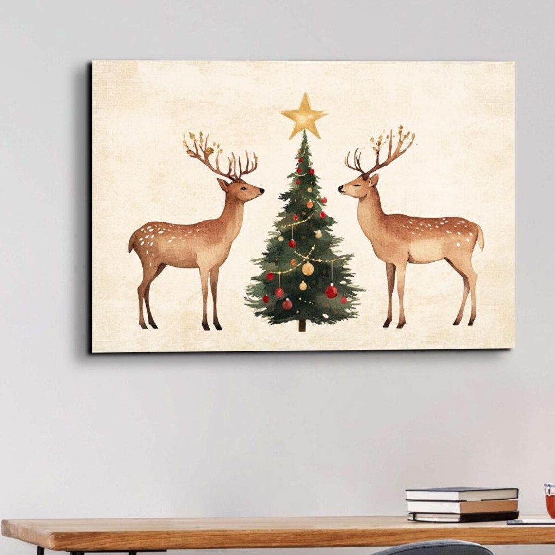 Watercolor Deer Pair Christmas Tree Star Snowy Holiday Poster