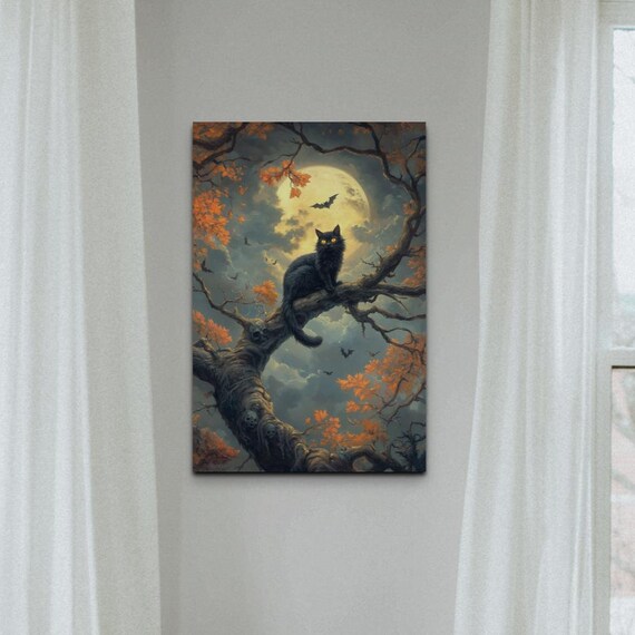 Black Cat Under Full Moon Autumn Tree Halloween Night Poster