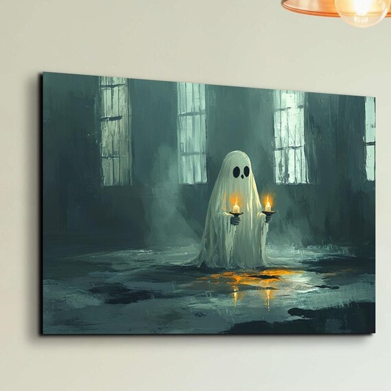 Cute Ghost Holding Two Lit Candles in a Dark Misty Gothic Hall Poster
