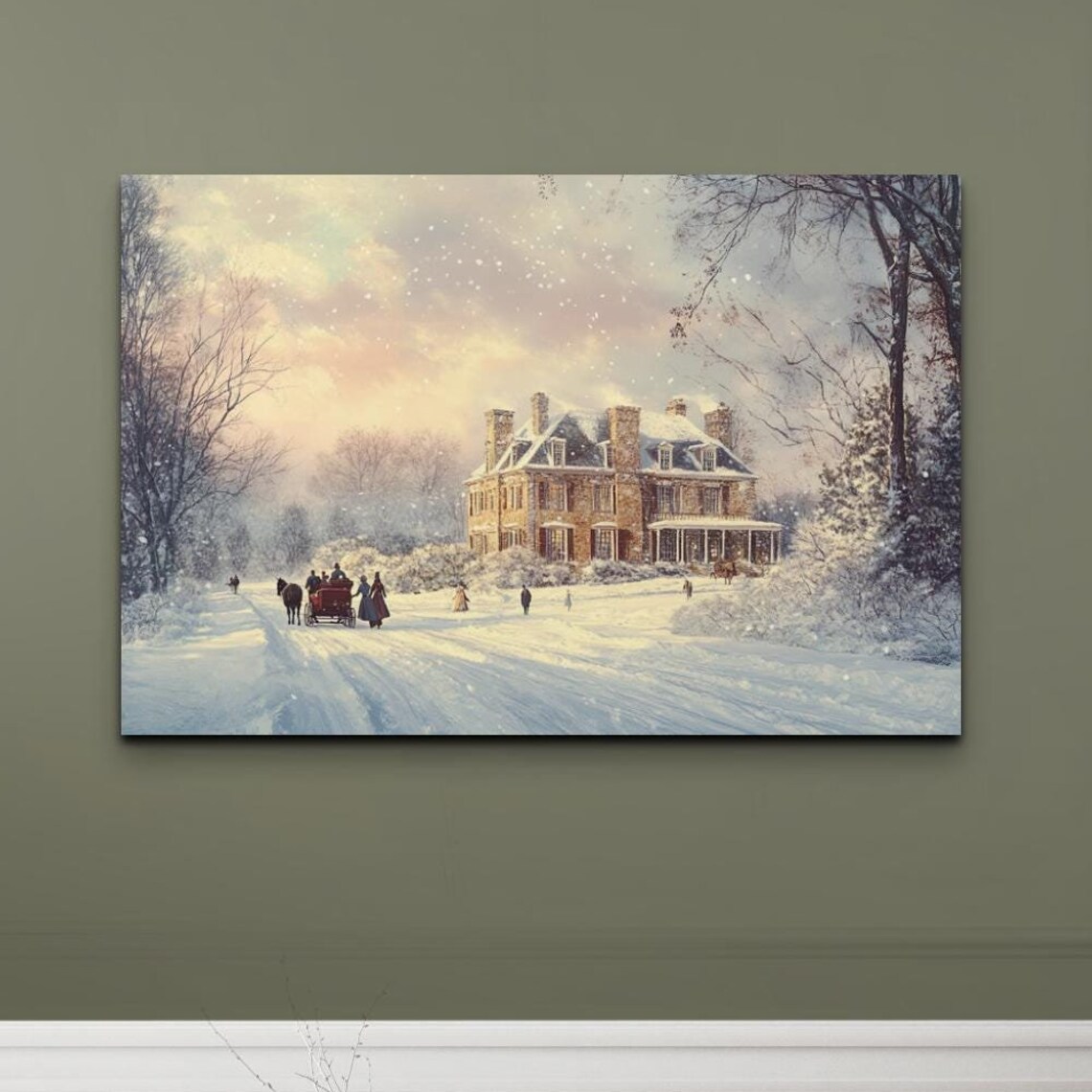 Snowy Manor Horse Sleigh Dusk Vintage Christmas Scene Poster