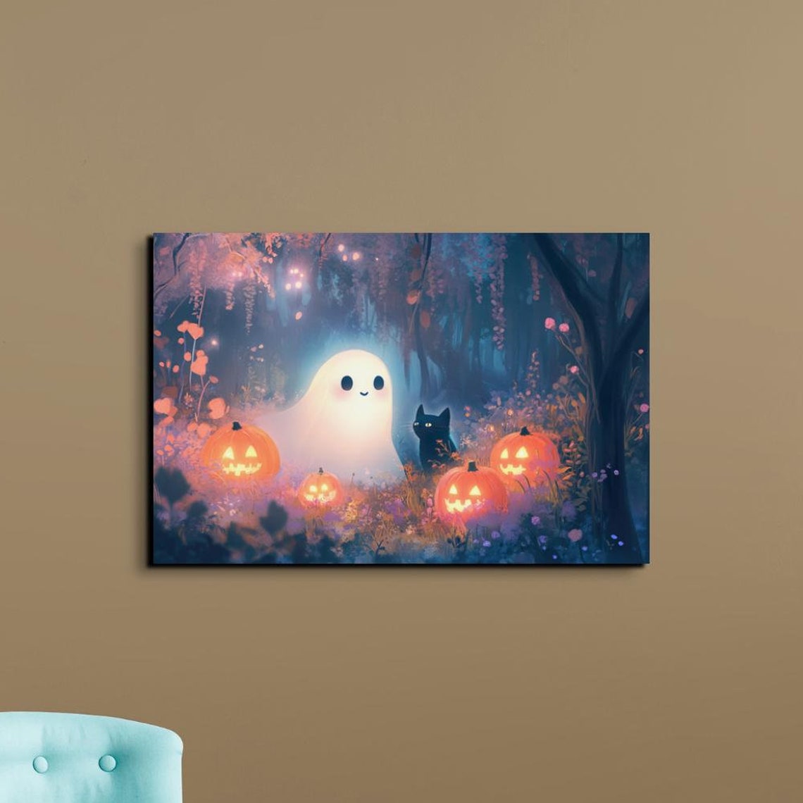 Smiling Ghost Black Cat Pumpkins Magical Forest Scene Poster