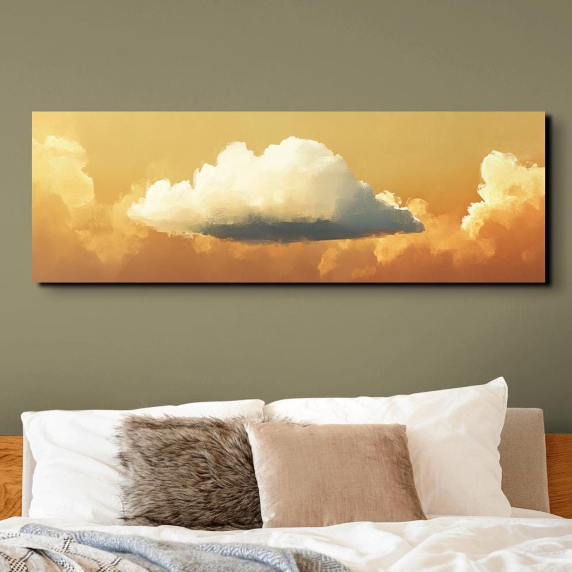 Serene Clouds Gold Green Landscape Art