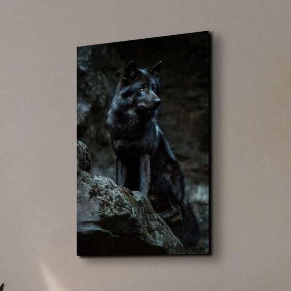 Black Wolf Standing on Rocky Outcrop in Dark Forest Night Photo Poster