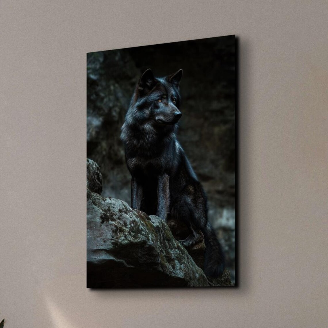 Black Wolf Standing on Rocky Outcrop in Dark Forest Night Photo Poster