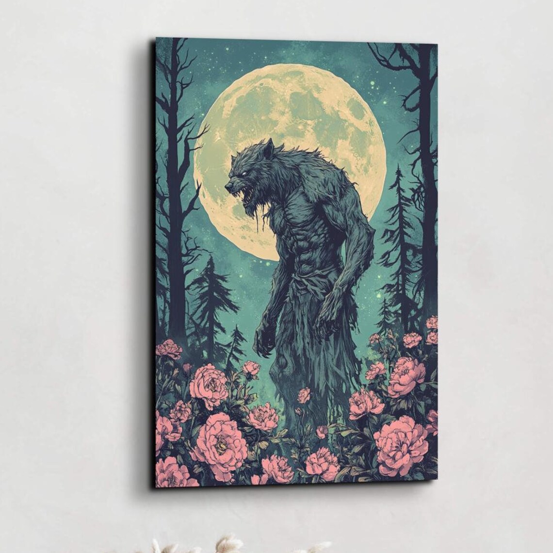 Werewolf Standing Among Moonlit Roses Full Moon Horror Art Poster