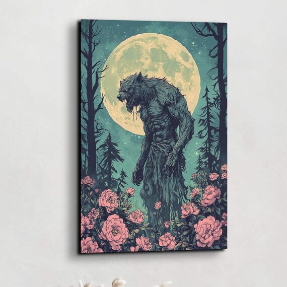 Werewolf Standing Among Moonlit Roses Full Moon Horror Art Poster