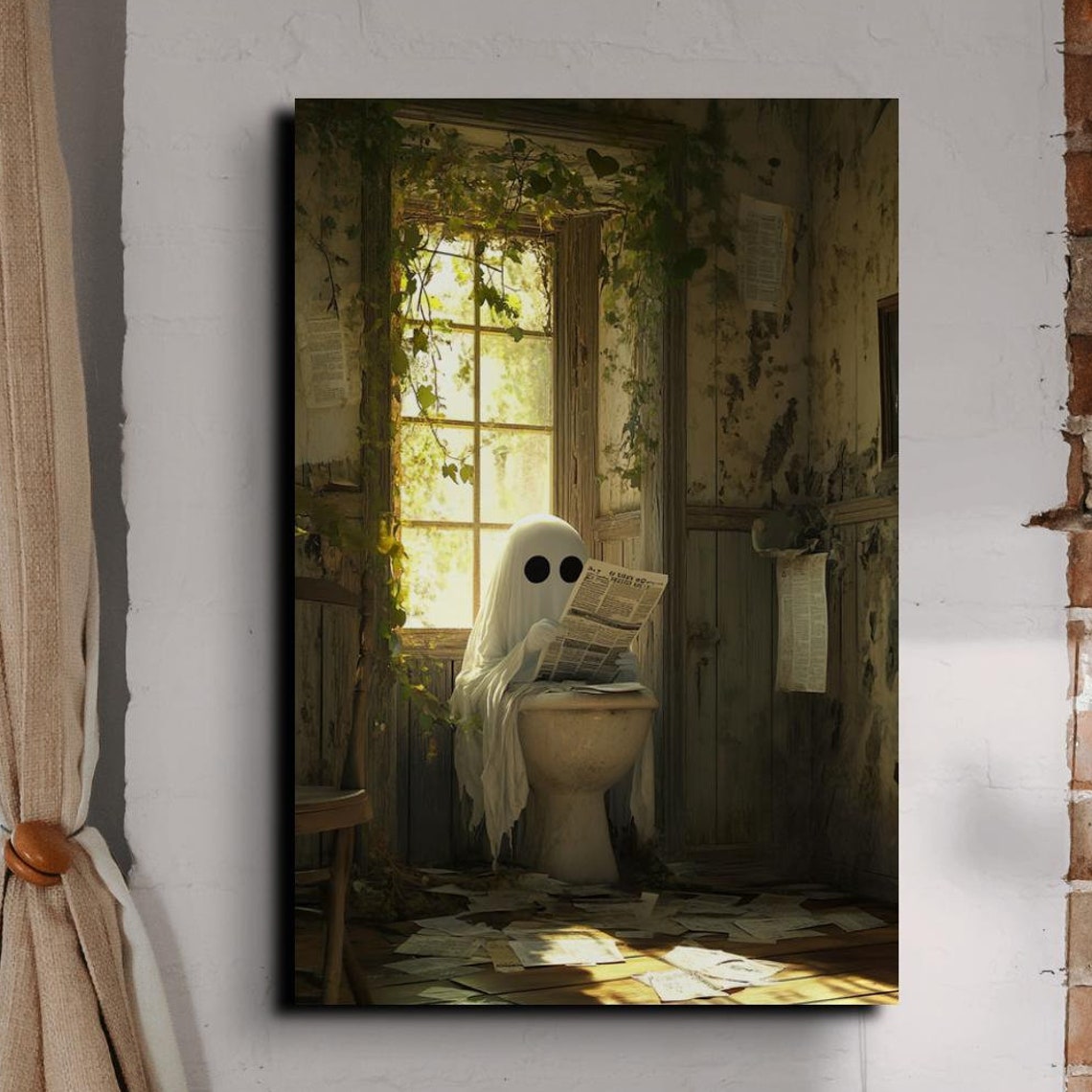 Funny Ghost Reading Newspaper on Toilet in Rustic Bathroom Poster