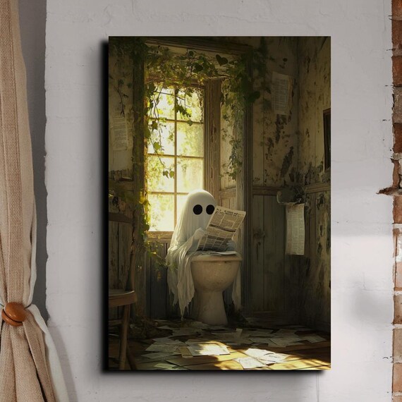 Funny Ghost Reading Newspaper on Toilet in Rustic Bathroom Poster