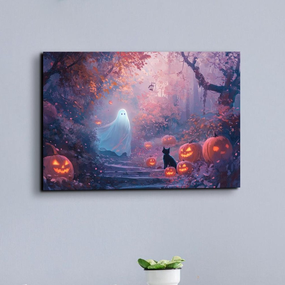 Ghost and Black Cat Jack O Lanterns Spooky Forest Night Poster