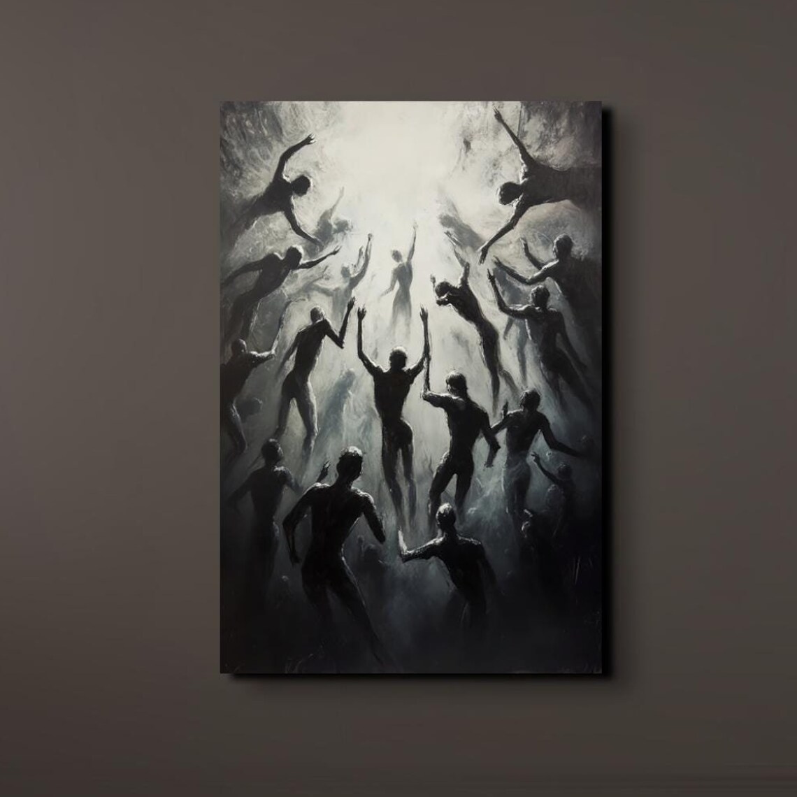 Silhouettes Rising Toward Light Dramatic Black and White Poster