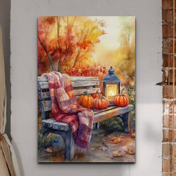 Watercolor Autumn Bench With Pumpkins Lantern and Plaid Blanket Poster