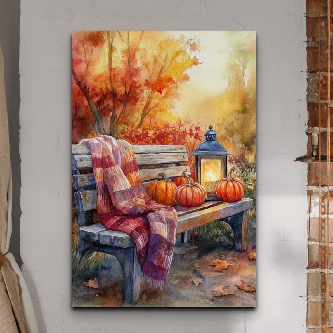 Watercolor Autumn Bench With Pumpkins Lantern and Plaid Blanket Poster