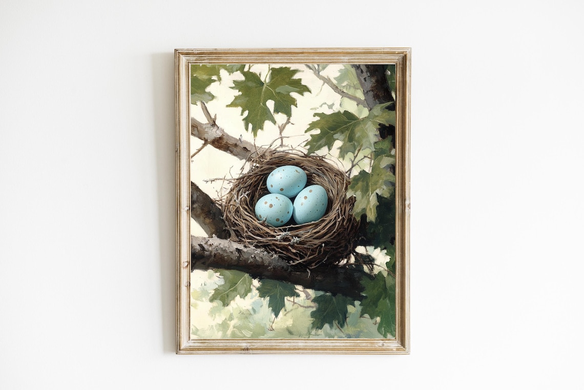 Vintage Robins Nest Print Farmhouse Decor Neutral Spring Wall Art Nursery E149