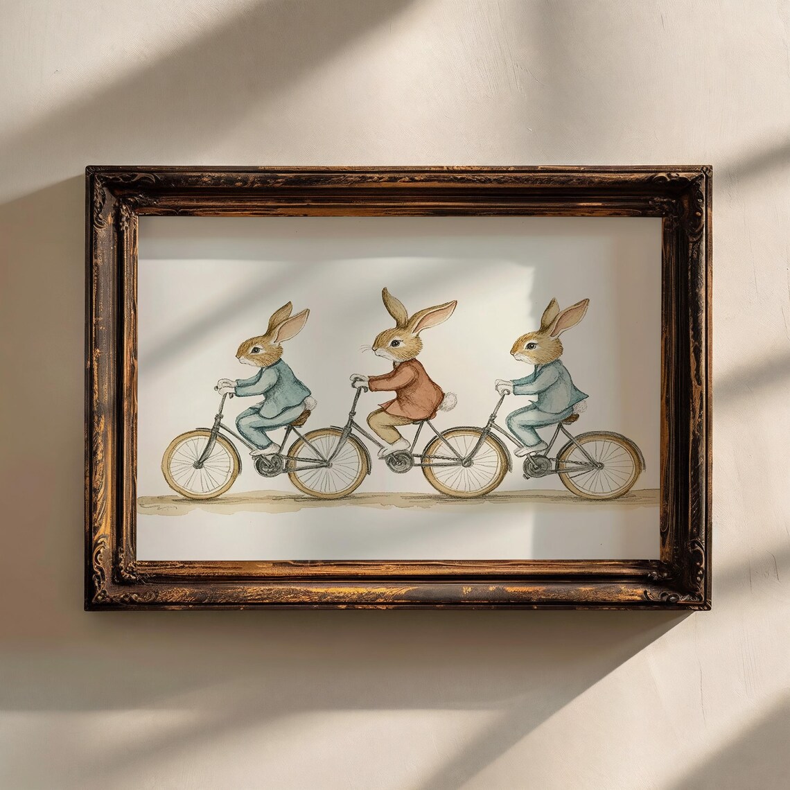 Cycling Bunnies Neutral Nursery Country Decor Vintage Rabbits On Bikes Print Toddler Art E643