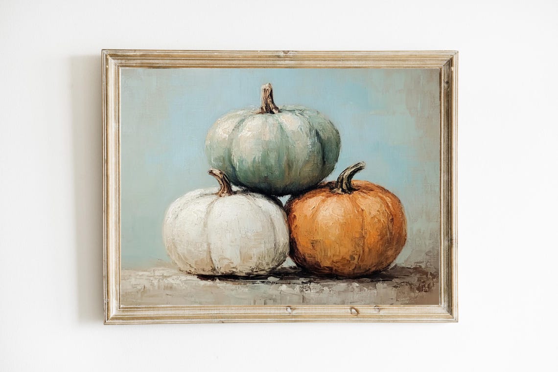 Three Stacked Pumpkins Fall Harvest Still Life Oil Painting Poster