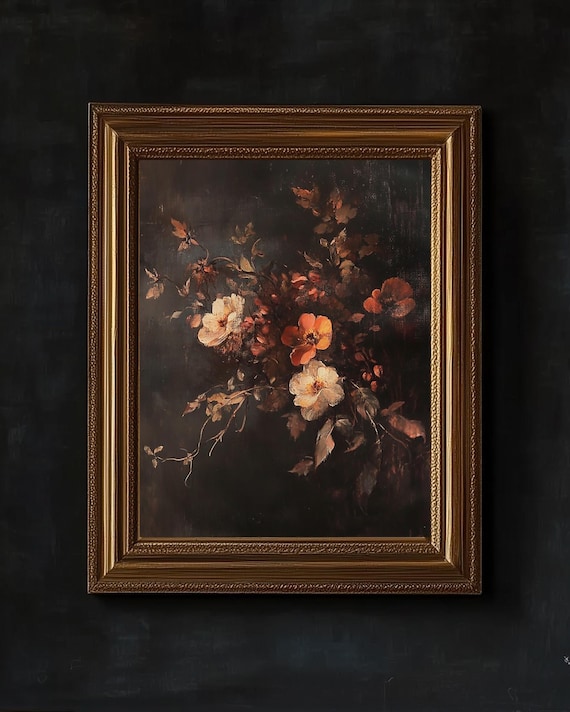 Moody Dark Floral Still Life Print Vintage Autumn Blossoms Gold Frame Art