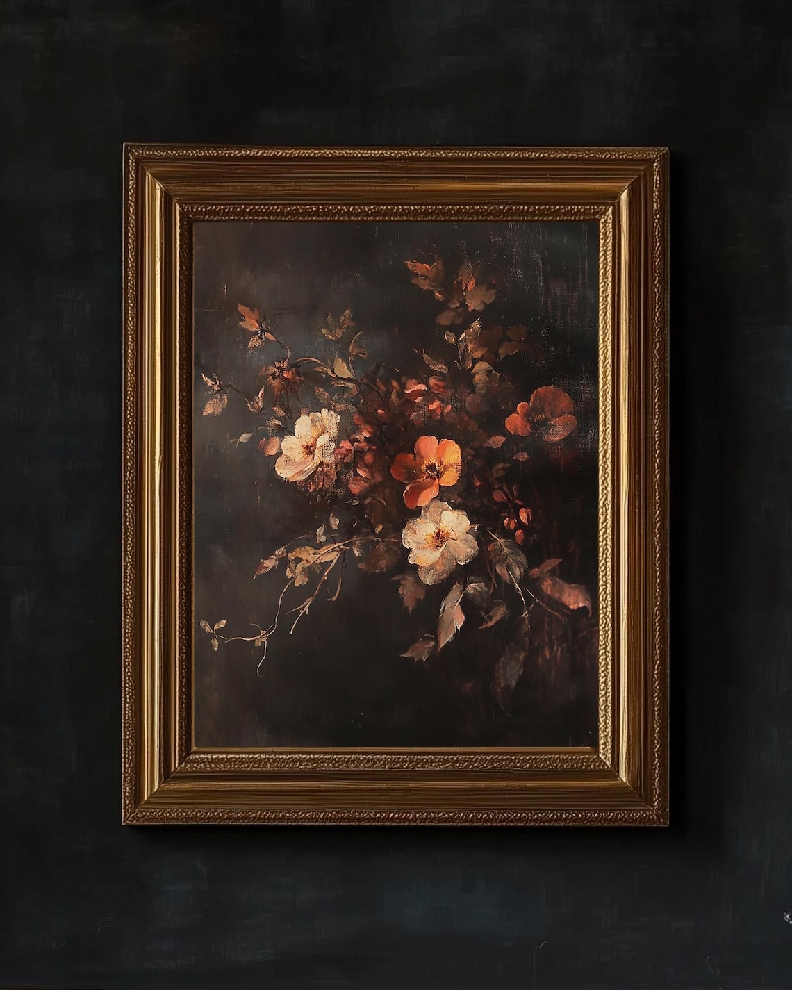 Moody Dark Floral Still Life Print Vintage Autumn Blossoms Gold Frame Art