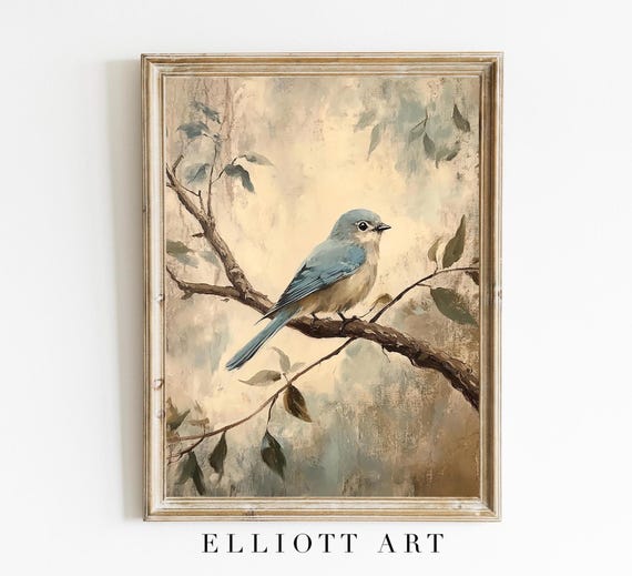 Vintage Bluebird Art Print, Neutral Farmhouse Decor
