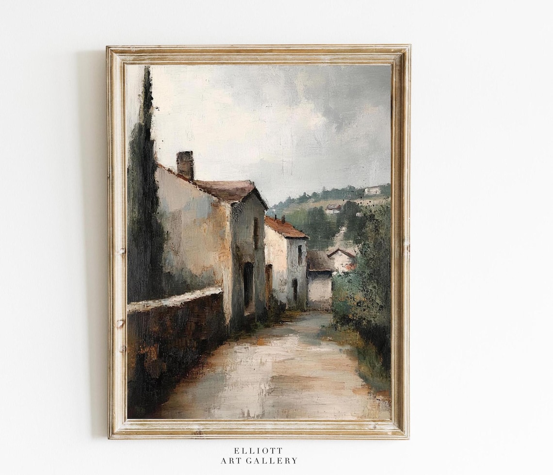 French Village Landscape Vintage Oil Painting Art