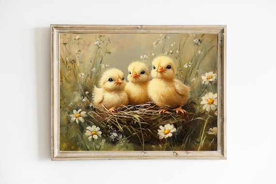Spring Chicks Baby In Nest With Wildflowers Chicken Wall Decor Vintage Nursery Yellow Bird Farmhouse E540
