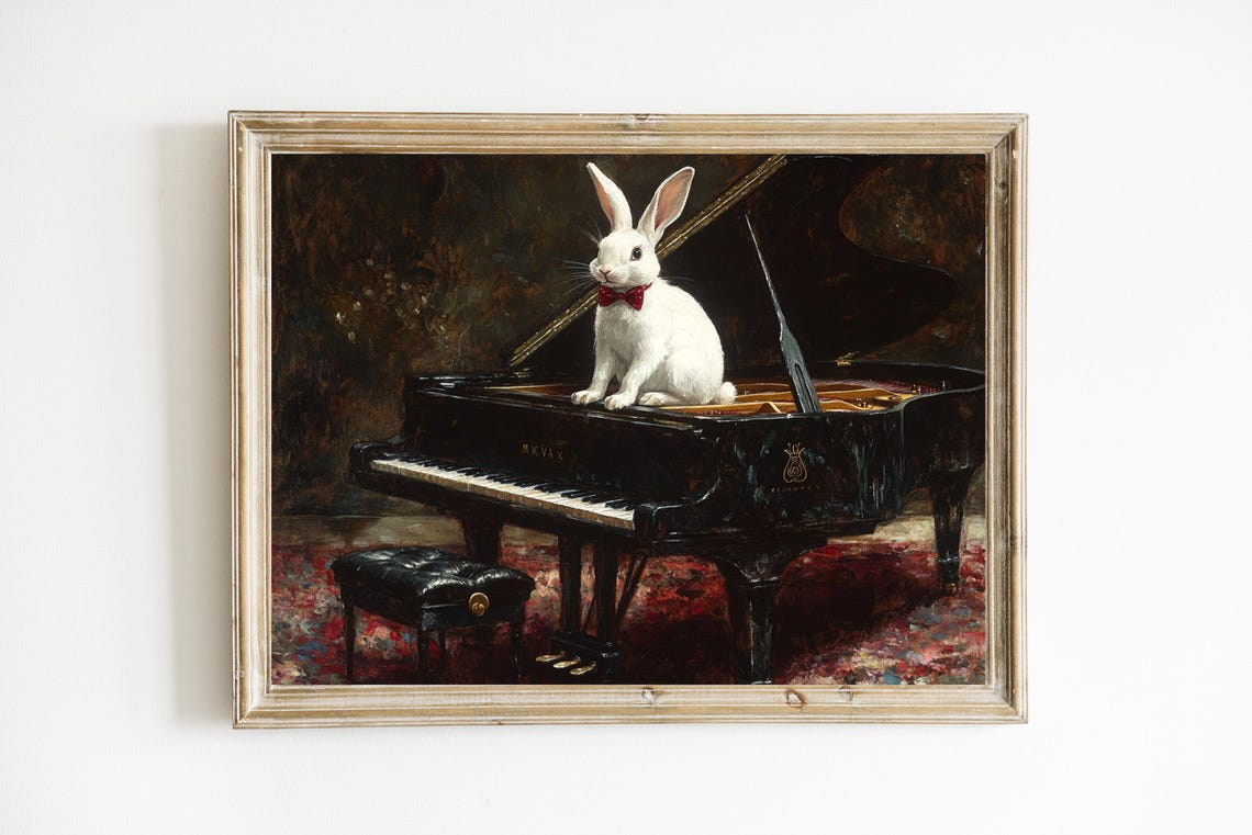 White Rabbit On A Piano Retro Art Print