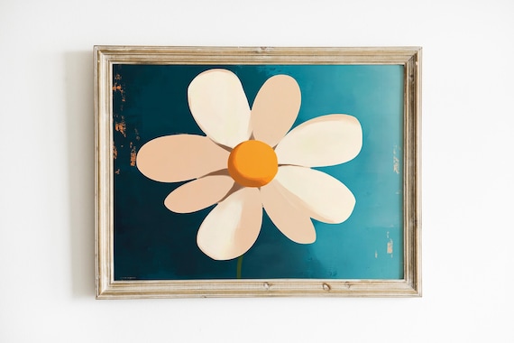Retro Daisy Bloom Print Teal Background Modern Minimalist Floral Wall Decor