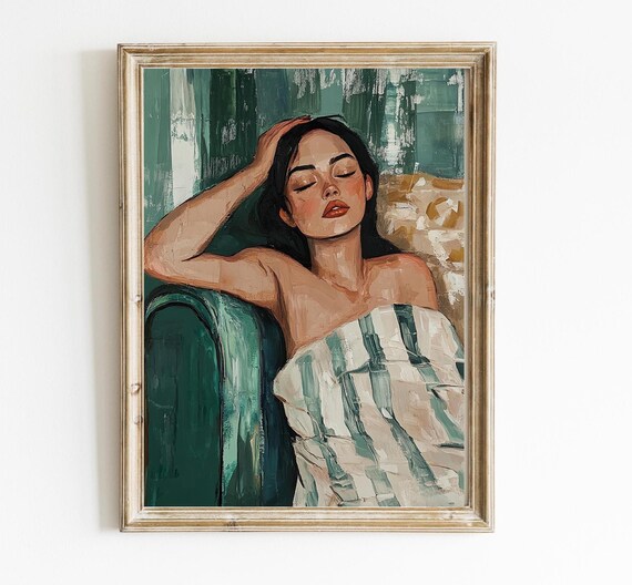 Woman Resting Emerald Green Mid Century Modern Portrait Art Poster