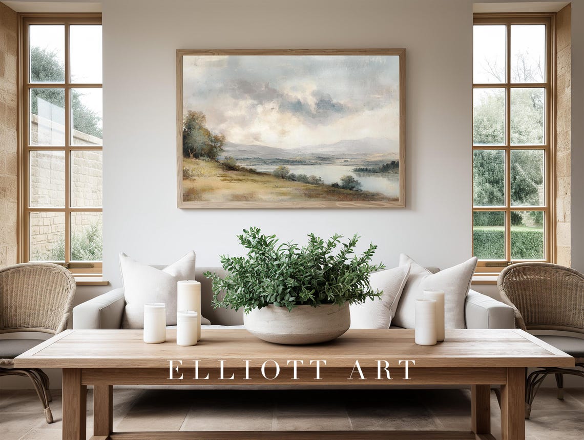 Misty Lakeside Meadow Landscape Vintage Oil Painting Style Poster