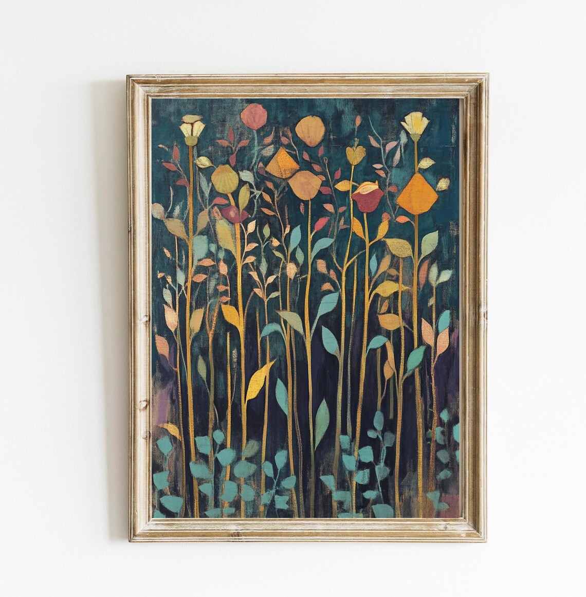 Vintage Botanical Folk Art Golden Wildflowers Night Abstract Wall Art