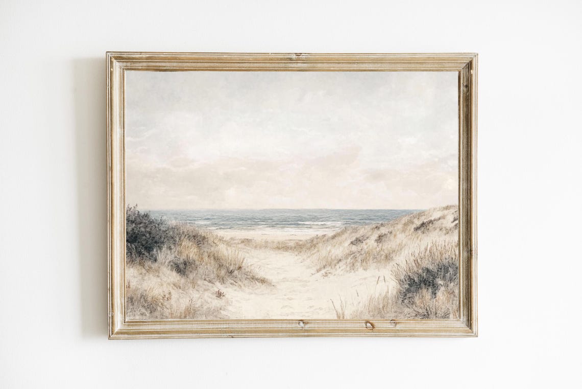 Serene Antique Beach Dunes Sandy Path Minimalist Coastal Art Poster
