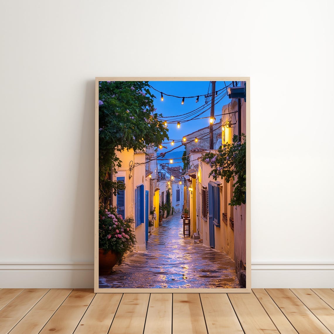 European Village Street Night String Lights Romantic Wall Art