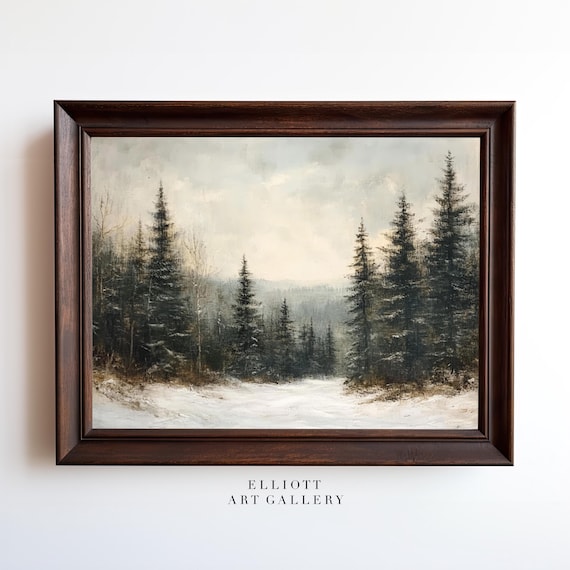 Winter Pines Snowy Forest Moody Landscape Vintage Painting Poster