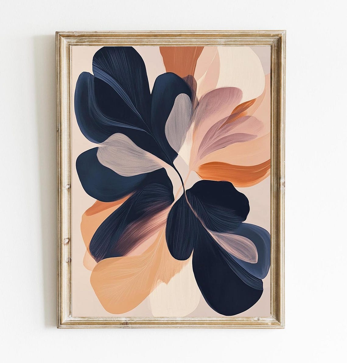 Abstract Floral Navy Peach Swirl Petals Modern Botanical Art Poster
