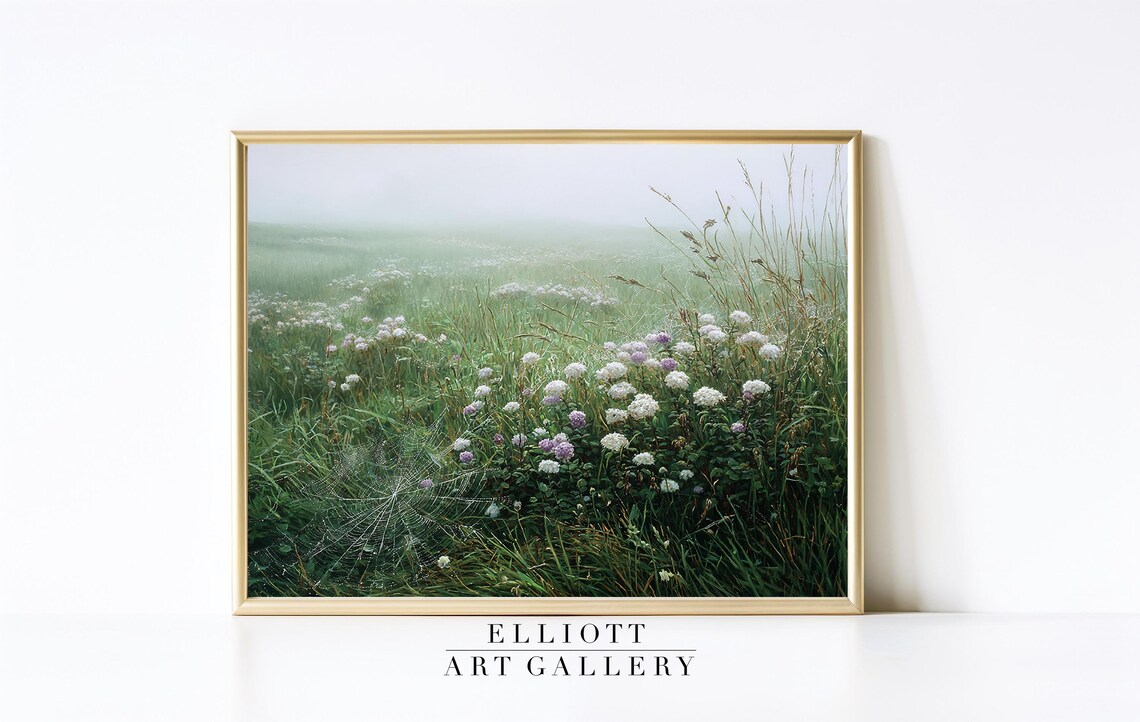 Morning Spider Web in Wildflower Meadow Vintage Painting Print