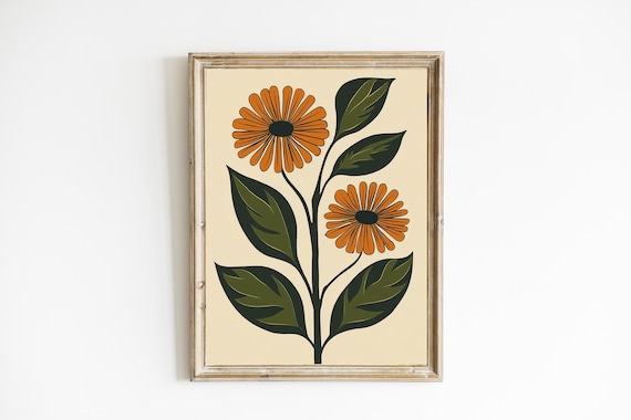 Retro Orange Daisy Stems on Cream Minimalist Botanical Poster