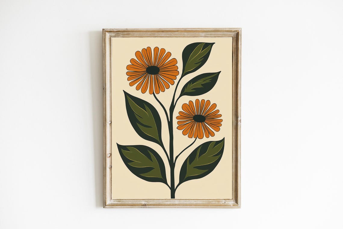 Retro Orange Daisy Stems on Cream Minimalist Botanical Poster