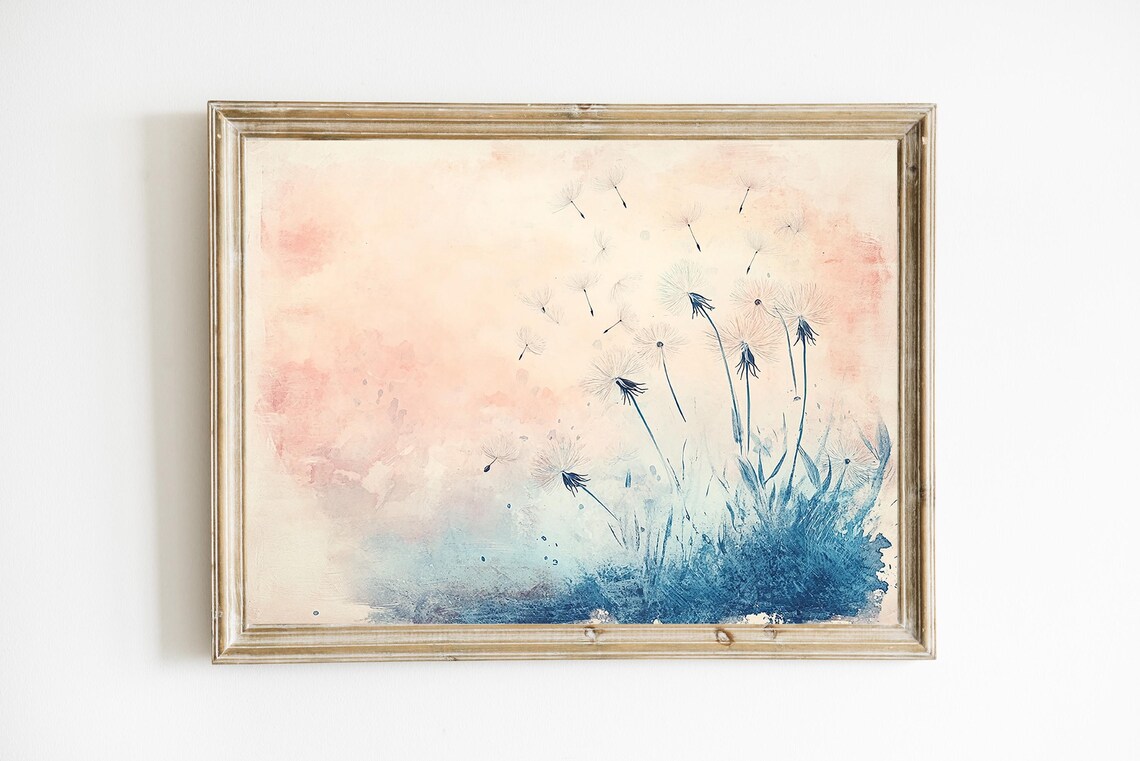 Pastel Dandelion Watercolor Poster Blush Pink Farmhouse Botanical Art