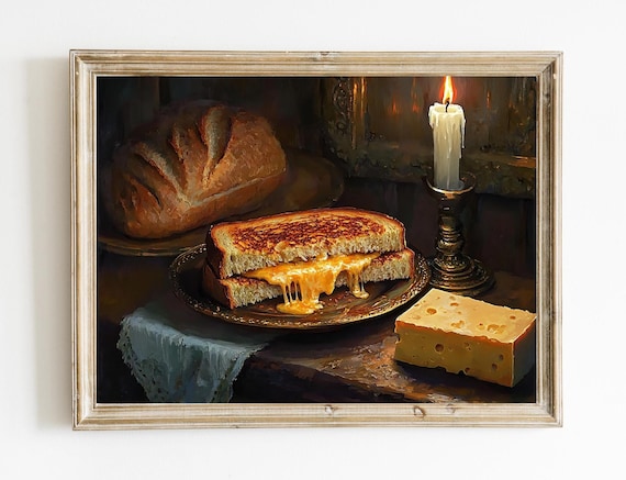 Grilled Cheese Sandwich Candlelit Still Life Moody Food Oil Painting Poster