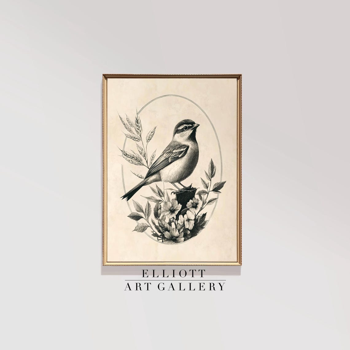 Vintage Songbird Engraving Print with Florals in an Oval Frame