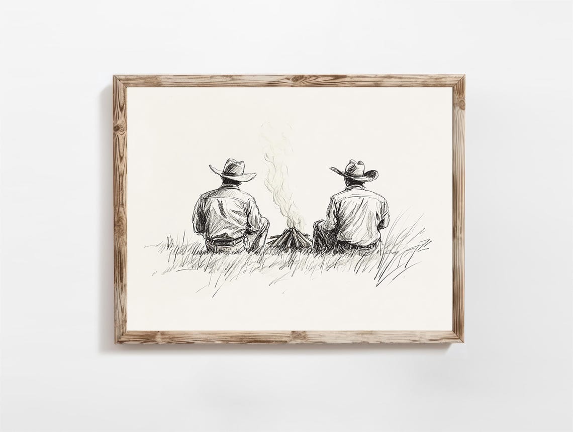 Cowboys by Campfire Vintage Western Ink Sketch Poster Rustic Decor