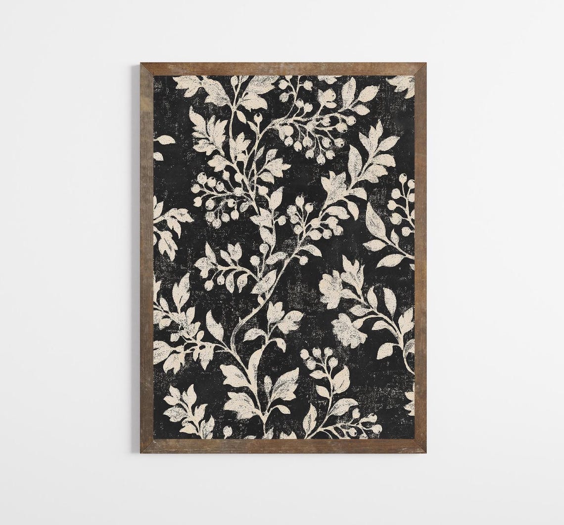 Black Vintage Botanical Block Stamped Cream Floral Pattern Wall Art