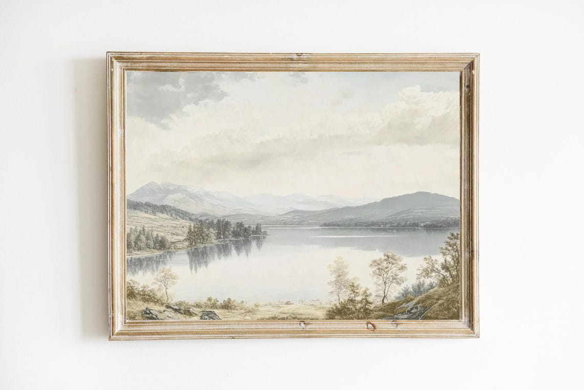 Misty Vintage Mountain Lake Calm Water Landscape Painting Poster