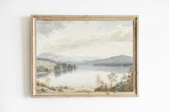 Neutral Vintage Mountain Lake Print Moody Wall Art Rustic Shore Painting House Decor E490
