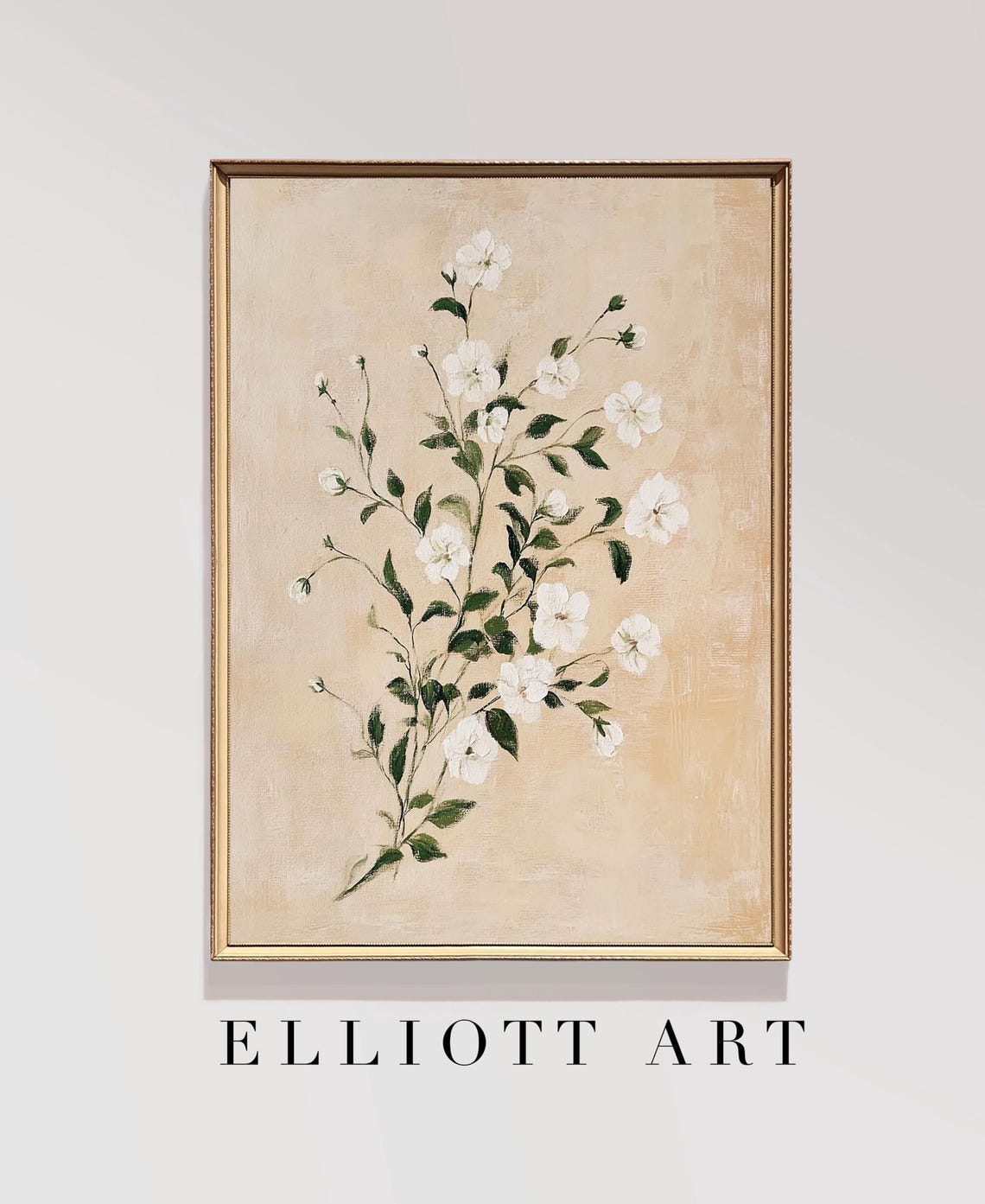 White Floral Botanical Branch Muted Beige Painting Rustic Wall Art