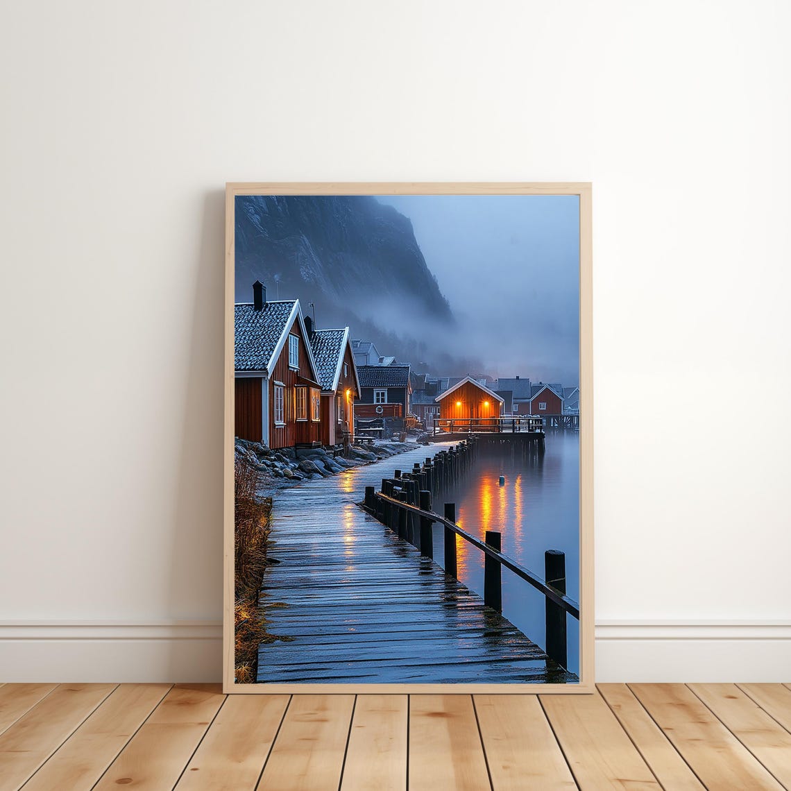 Foggy Coastal Fishing Village Dusk Red Cabins Moody Art Print