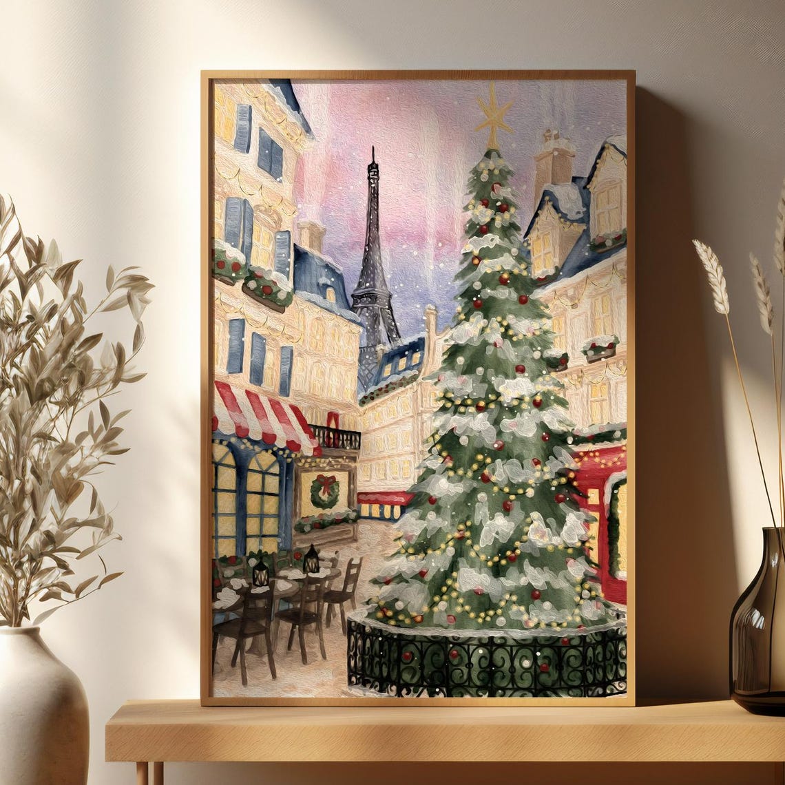 Paris Christmas Street Eiffel Tower Snowy Festive Painting Poster