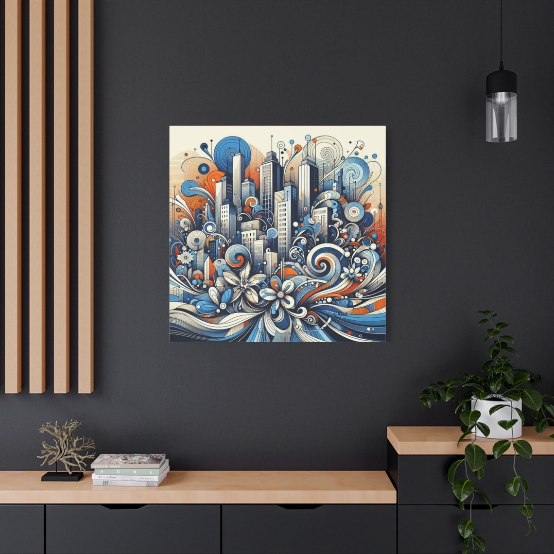 Floral Skyscraper City Swirls Blue Orange Urban Wall Art Poster - Image 4